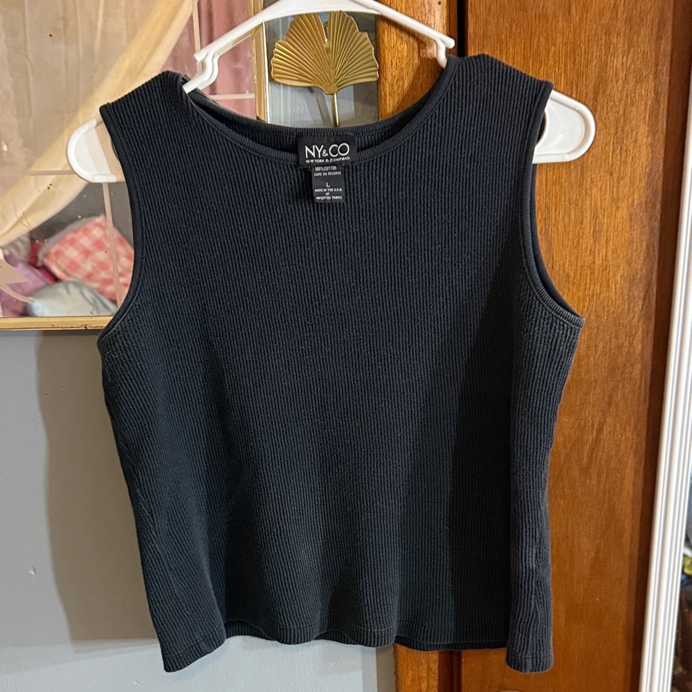 New York & Company Black Ribbed Crewneck Tank